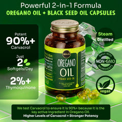 MAJU Oregano Capsules pour image with convenient softgels for daily use.