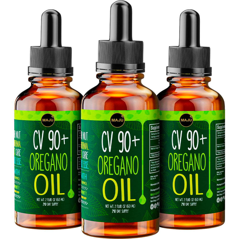 MAJU Oregano Oil Drops bottle showing potent carvacrol for immune and seasonal support.