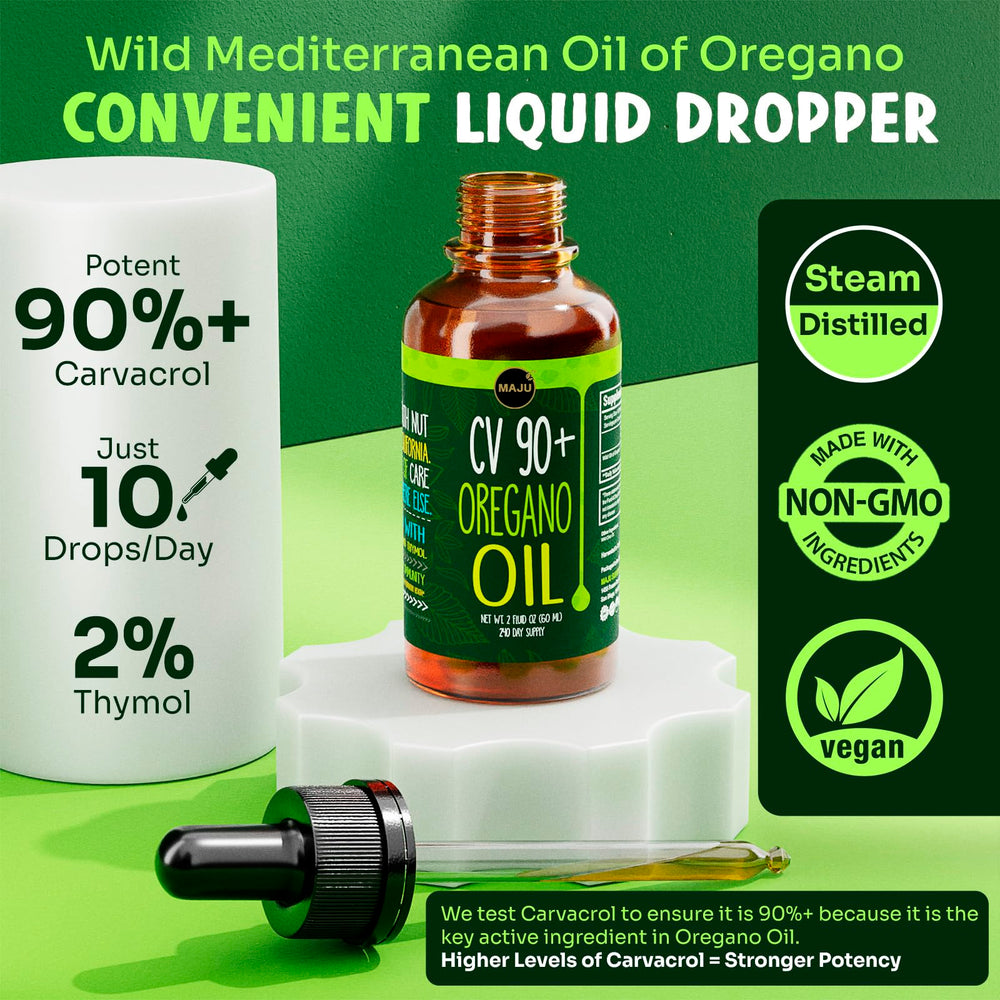 Close-up of MAJU Oregano Oil Drops dropper for precise dosing.