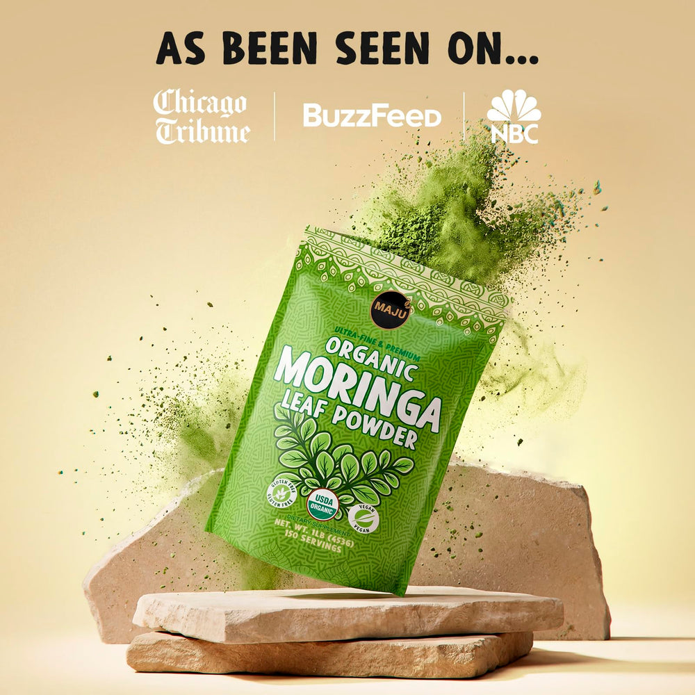 Jar label of MAJU Moringa Powder emphasizes no fillers and food-grade quality