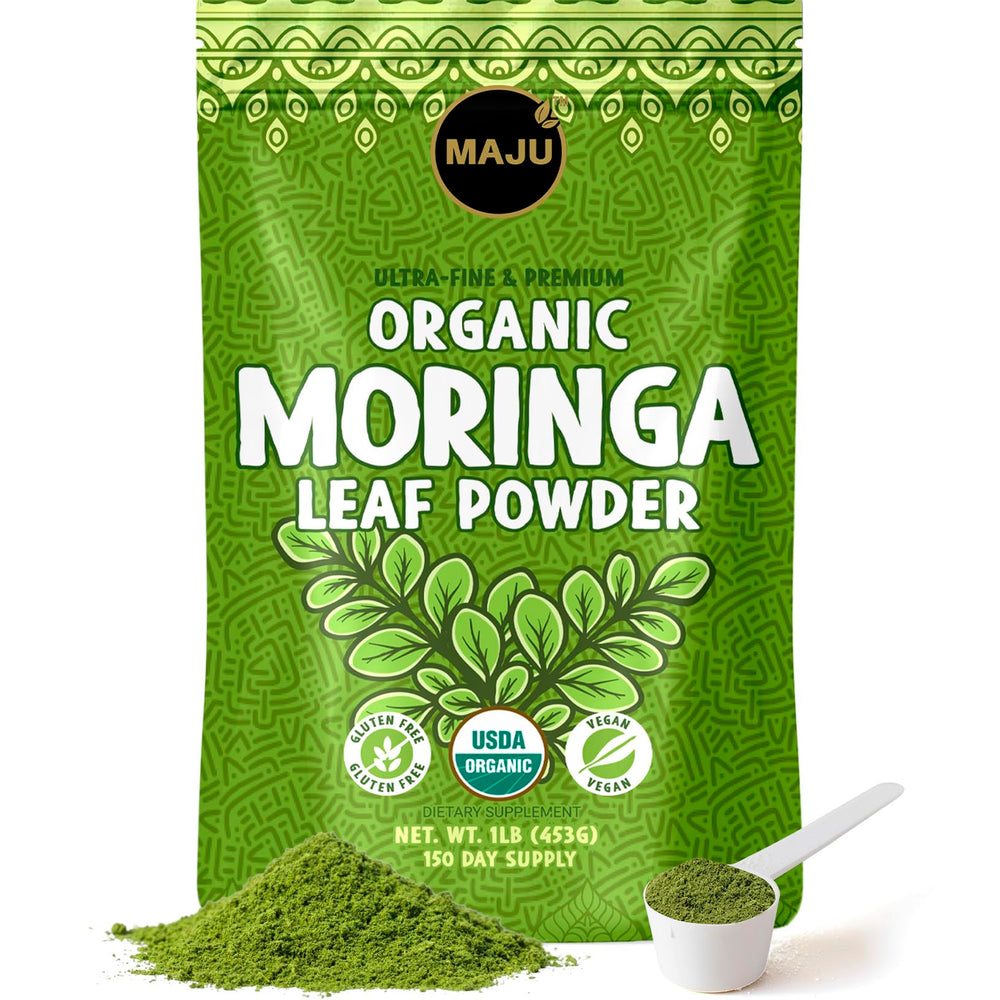 MAJU Organic Moringa Powder packshot shows premium leaf quality for tea and smoothies