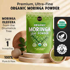 Pour view of MAJU Moringa Powder highlights pure powder ideal for daily shakes