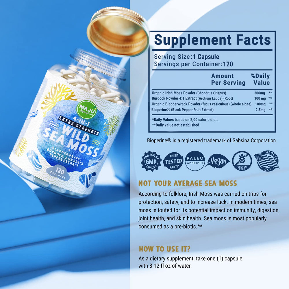 MAJU 120-count label emphasizes organic, wildcrafted source and quality