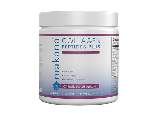 Makana Collagen Peptides Plus bottle with raspberry flavor for daily use