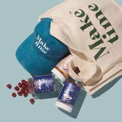 MAKE TIME Beauty Sleep Gummies ingredients scene with elderberry, chamomile, lavender visuals.