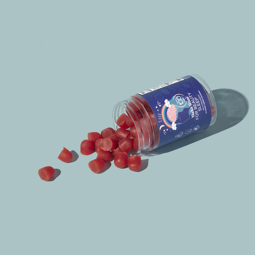 MAKE TIME Beauty Sleep Gummies packaging on tray, showcasing 60-count supply.