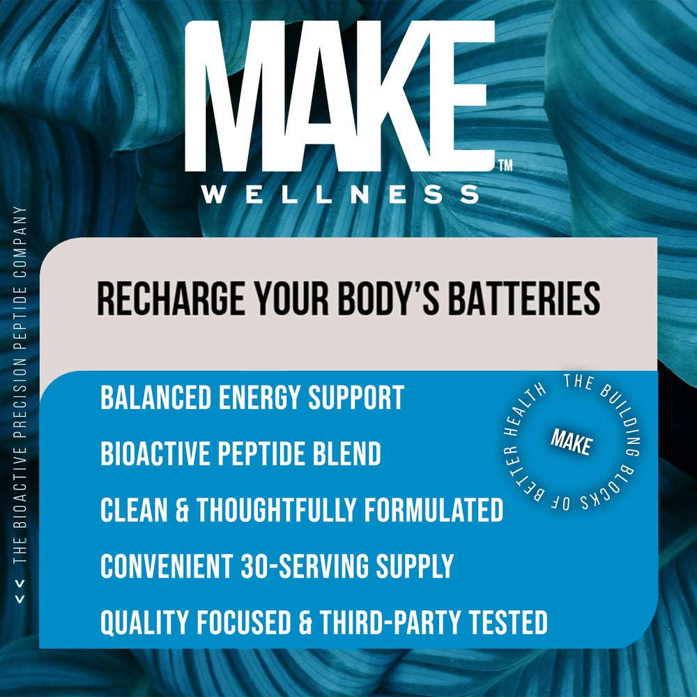 Make Wellness Energized 30-serving bottle emphasizing convenient routine integration.