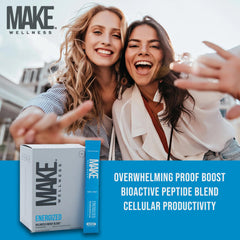 Make Wellness Energized powder dispensing showing easy-to-mix, clean daily formula.