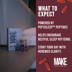 Make Wellness Restored capsules in hand illustrate simple daily use.