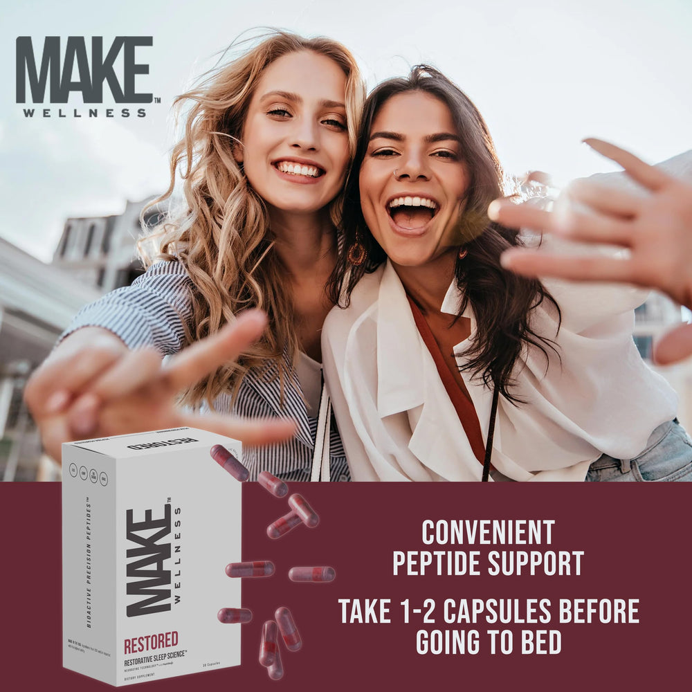 Make Wellness Restored label detail shows dosage and key ingredients.