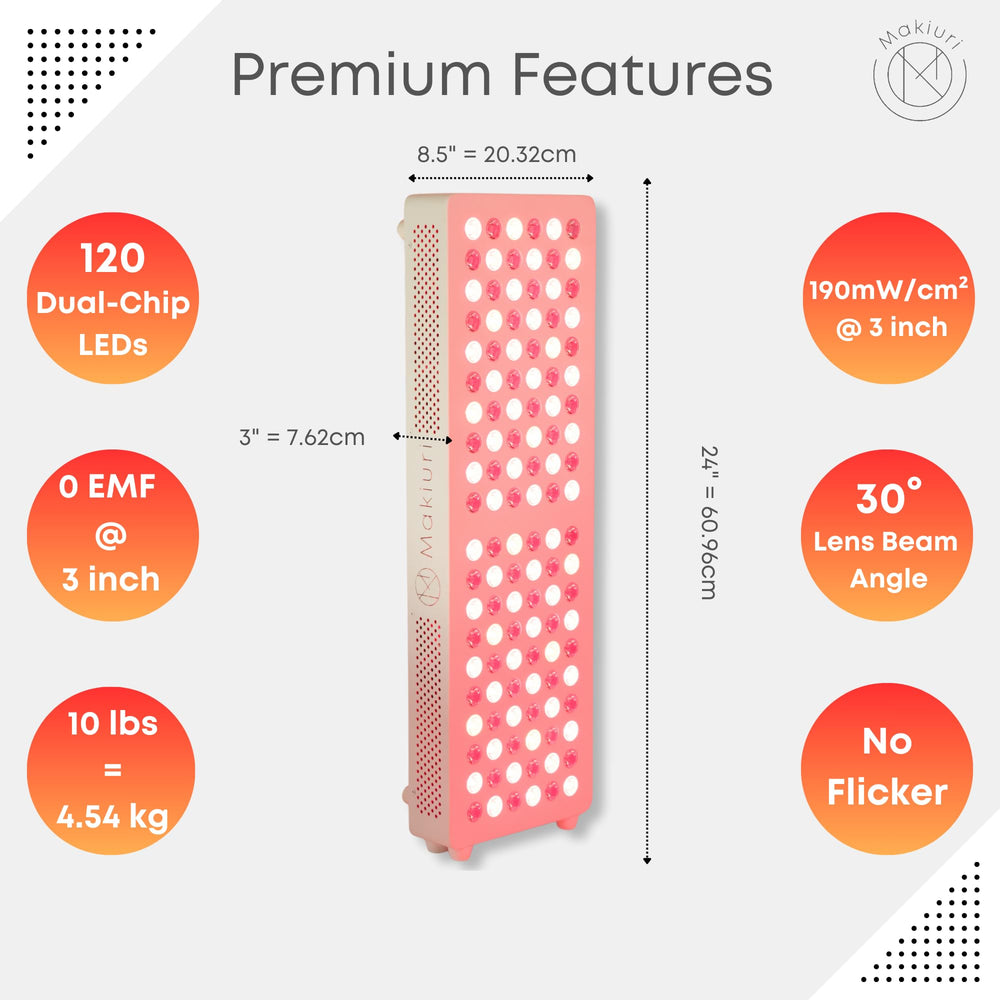 Makiuri Venus 120-LED panel side view showing compact home wellness setup