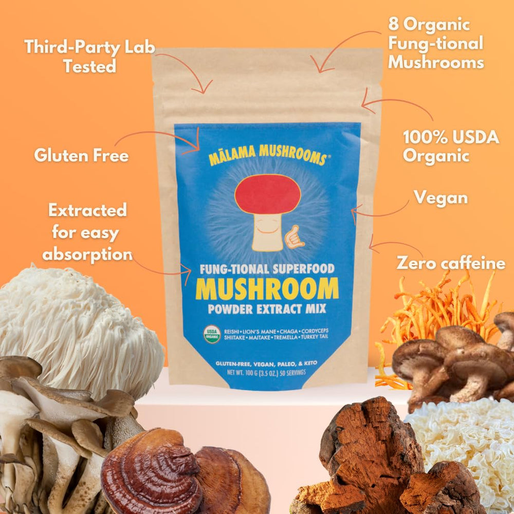 Malama 8-Mushroom powder in a warm mug for cozy beverage.