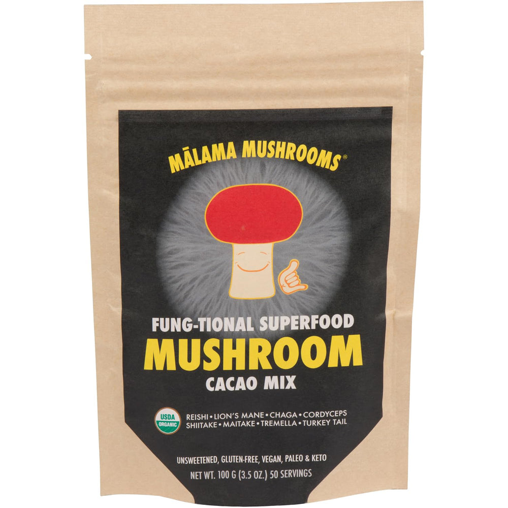 Malama Mushrooms 8-Mushroom Hot Cacao Mix bottle for daily focus support