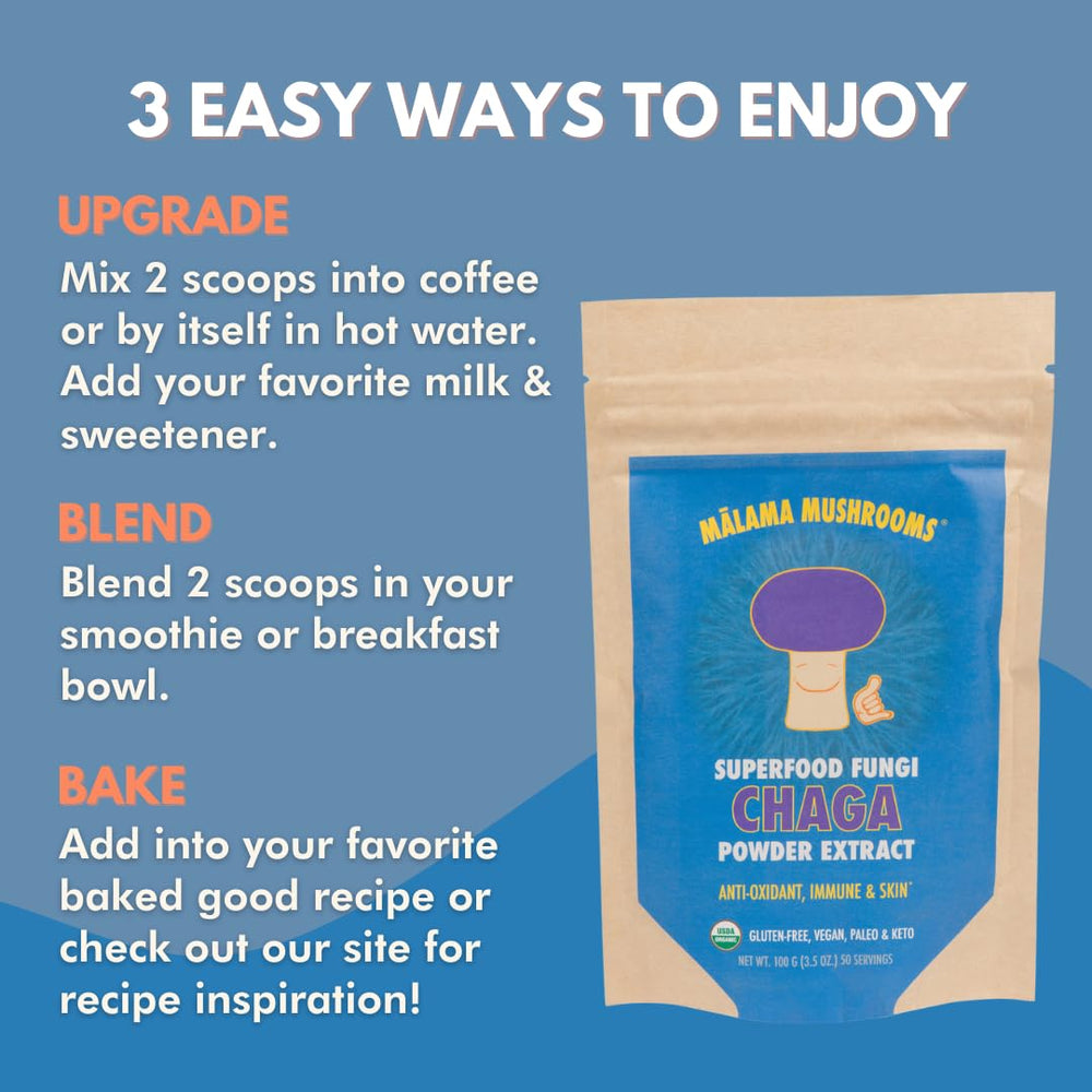 Malama Chaga powder in a tea cup for a warming beverage.