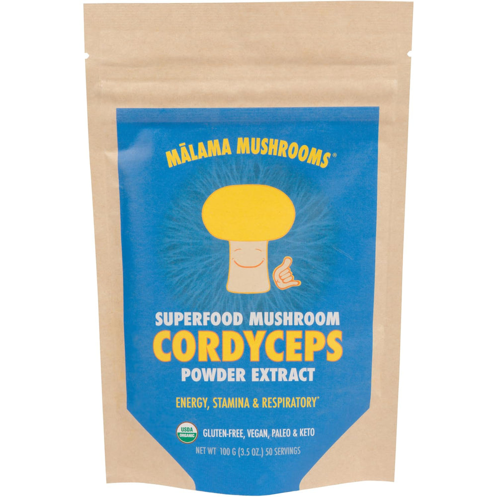 MALAMA MUSHROOMS Cordyceps powder bottle shows organic extract for daily energy