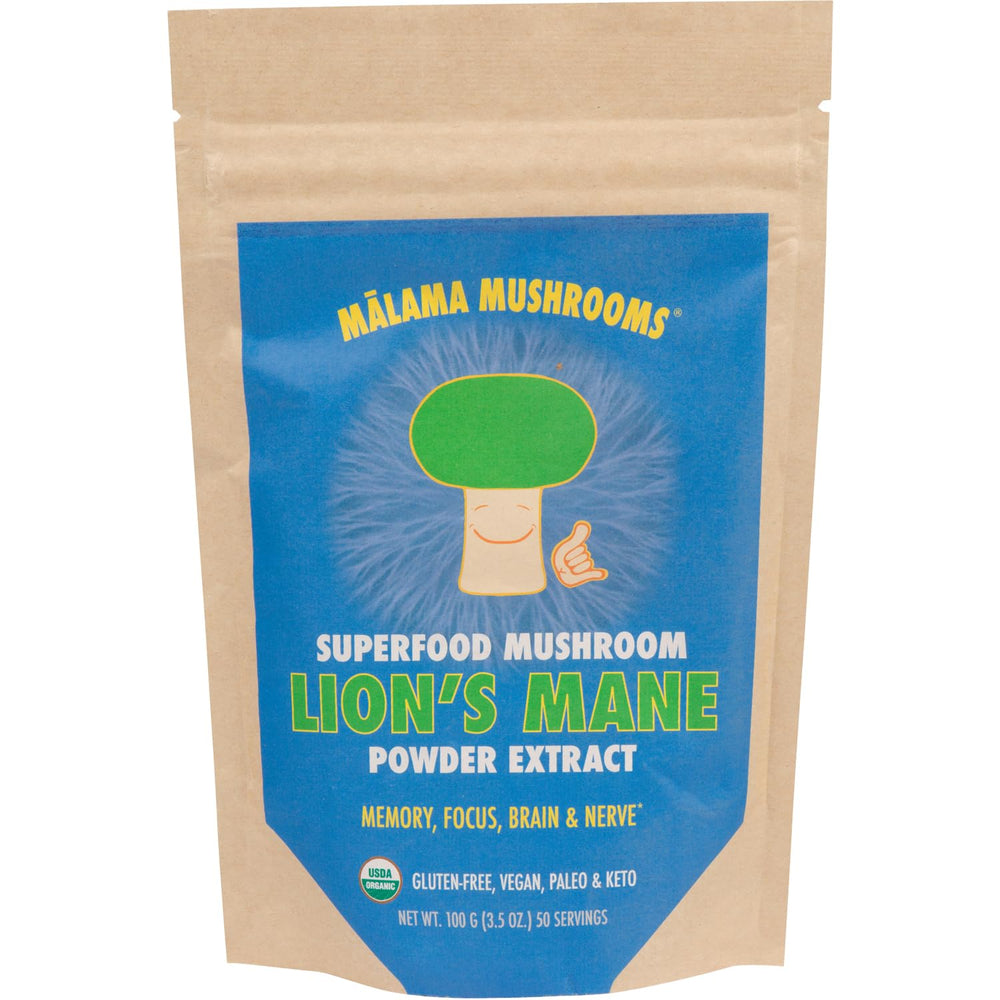 Malama Mushrooms Lion's Mane extract powder jar for daily focus