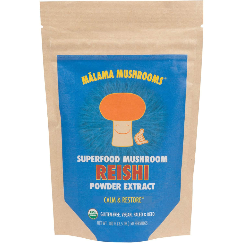 Malama Mushrooms Reishi powder jar highlights organic fruiting bodies for convenient daily wellness rituals.