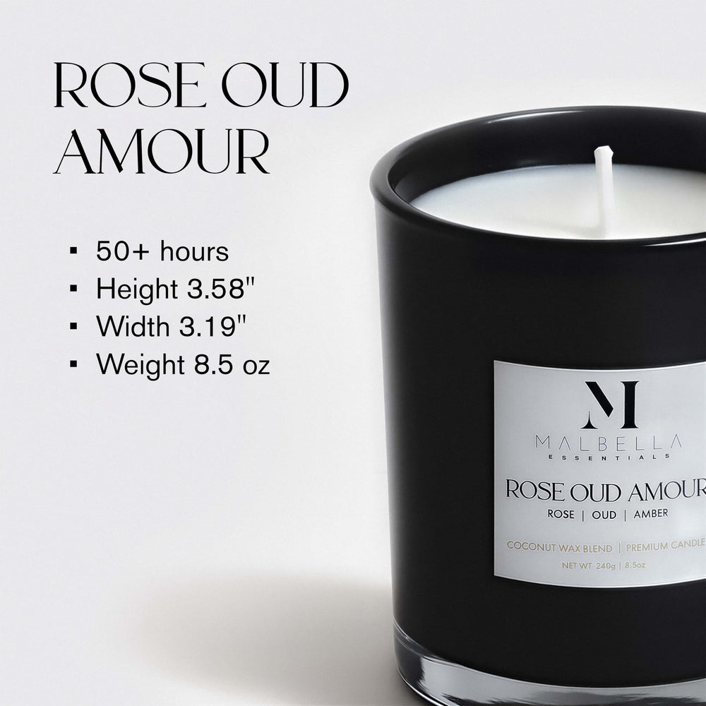 Malbella Essentials Rose Oud Amour candle with saffron-amber notes for cozy evenings.
