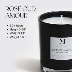 Malbella Essentials Rose Oud Amour candle with saffron-amber notes for cozy evenings.