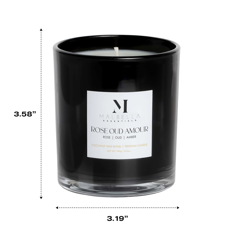 Malbella Essentials Rose Oud Amour candle warms spaces with inviting glow.