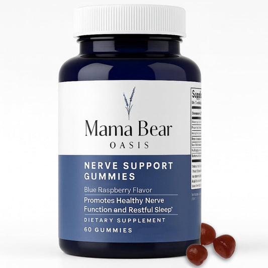 Mama Bear Oasis Nerve Support Gummies bottle-front view highlighting the product packaging.