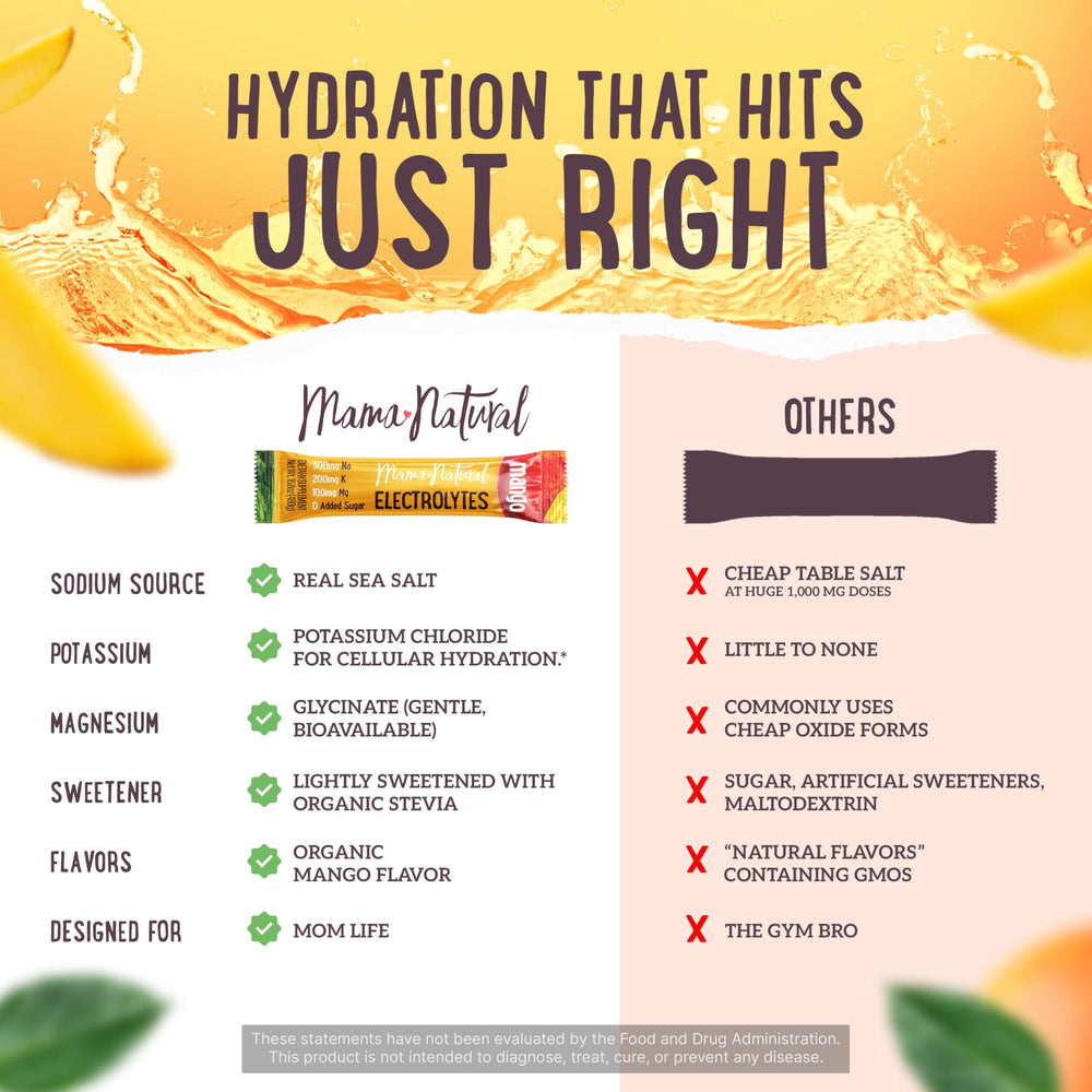 Sugar-free badge on the Mama Natural electrolyte packaging.