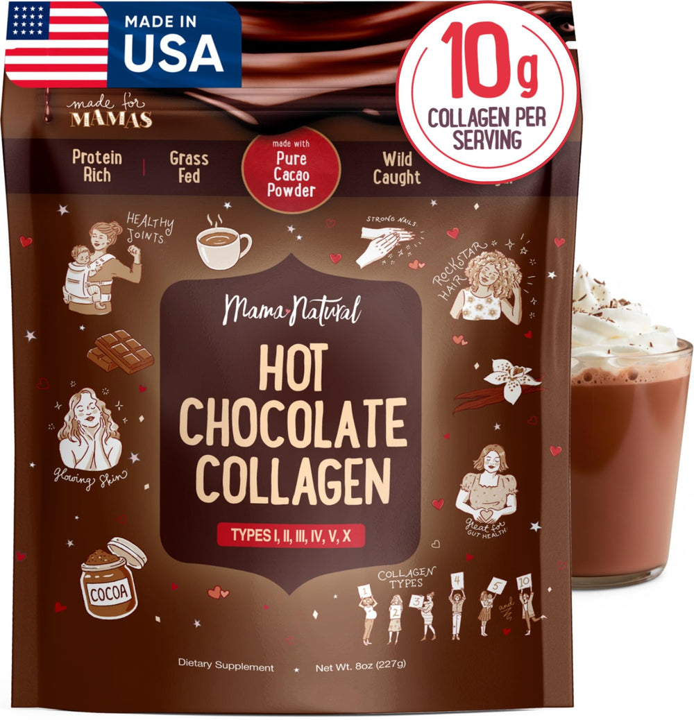 Mama Natural hot chocolate multi collagen powder jar with grass-fed beef and fish sources.