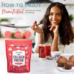 Pouring Mama Natural Collagen into a glass for easy daily consumption.