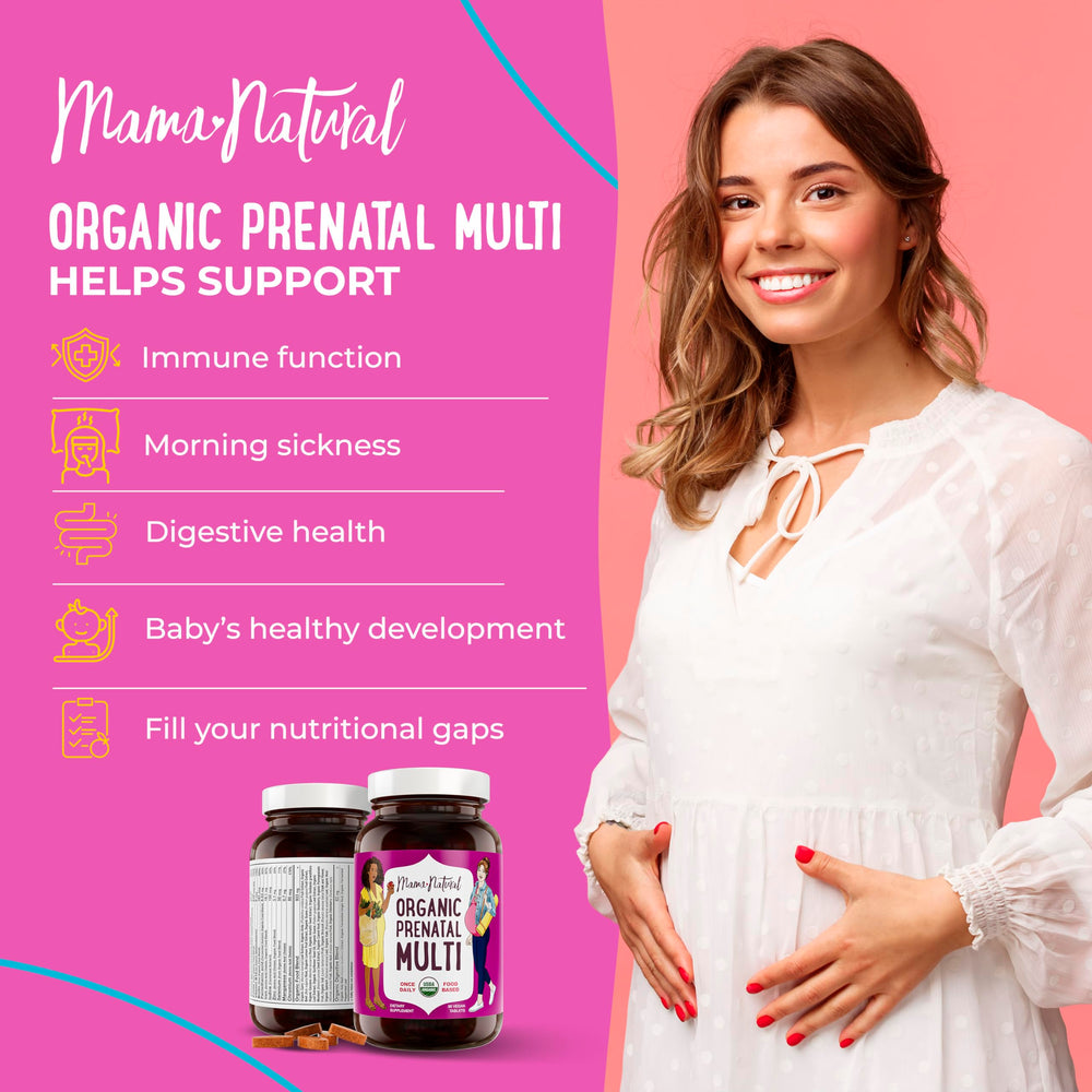 Mama Natural prenatal bottle back label highlights vegan, non-GMO ingredients for clean nutrition.