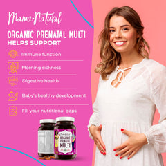 Mama Natural prenatal bottle back label highlights vegan, non-GMO ingredients for clean nutrition.