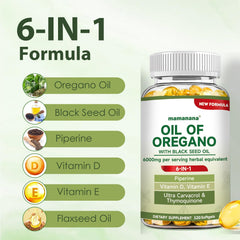 Mamanana oregano oil capsules label closeup showing carvacrol content.