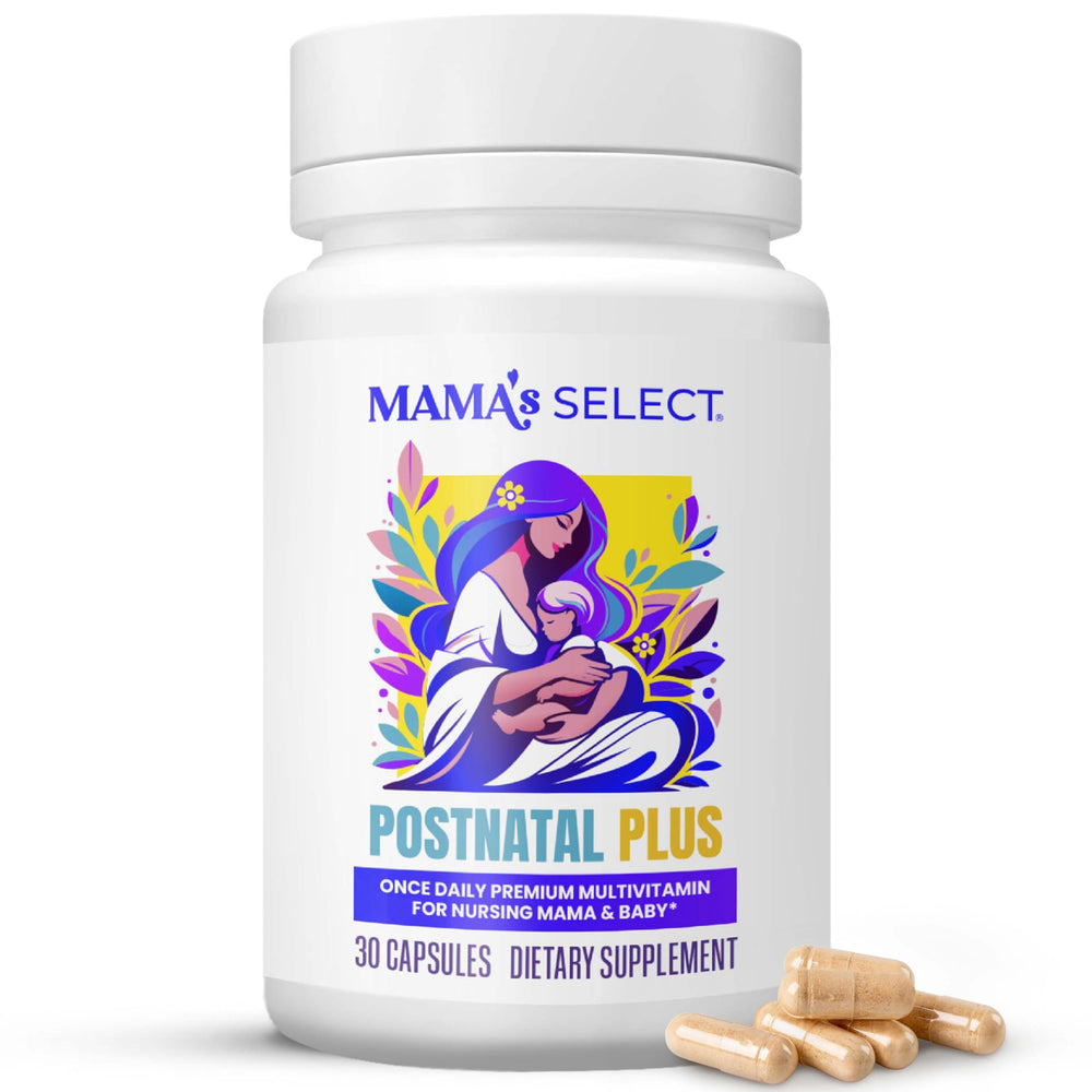 Mama's Select Postnatal Vitamins bottle close-up highlighting hair recovery support.