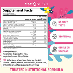 Mama's Select Prenatal DHA capsules highlight vegan DHA and smooth digestion.