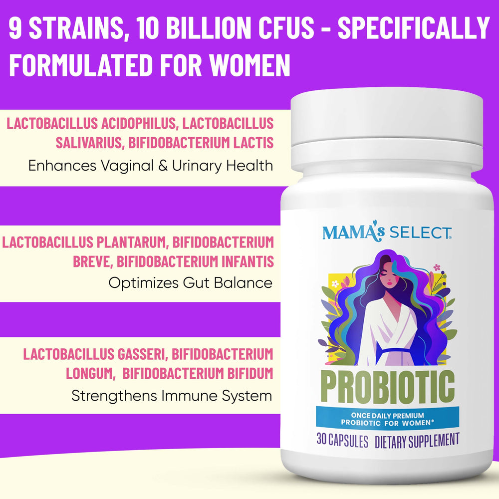 Mama's Select probiotic bottle with water evokes lactation and postnatal care.