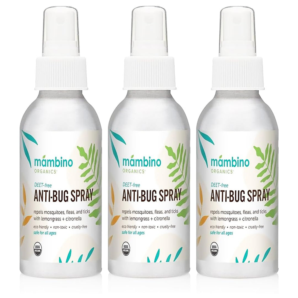 Mambino Organics Anti-Bug Spray bottle front view for family use.