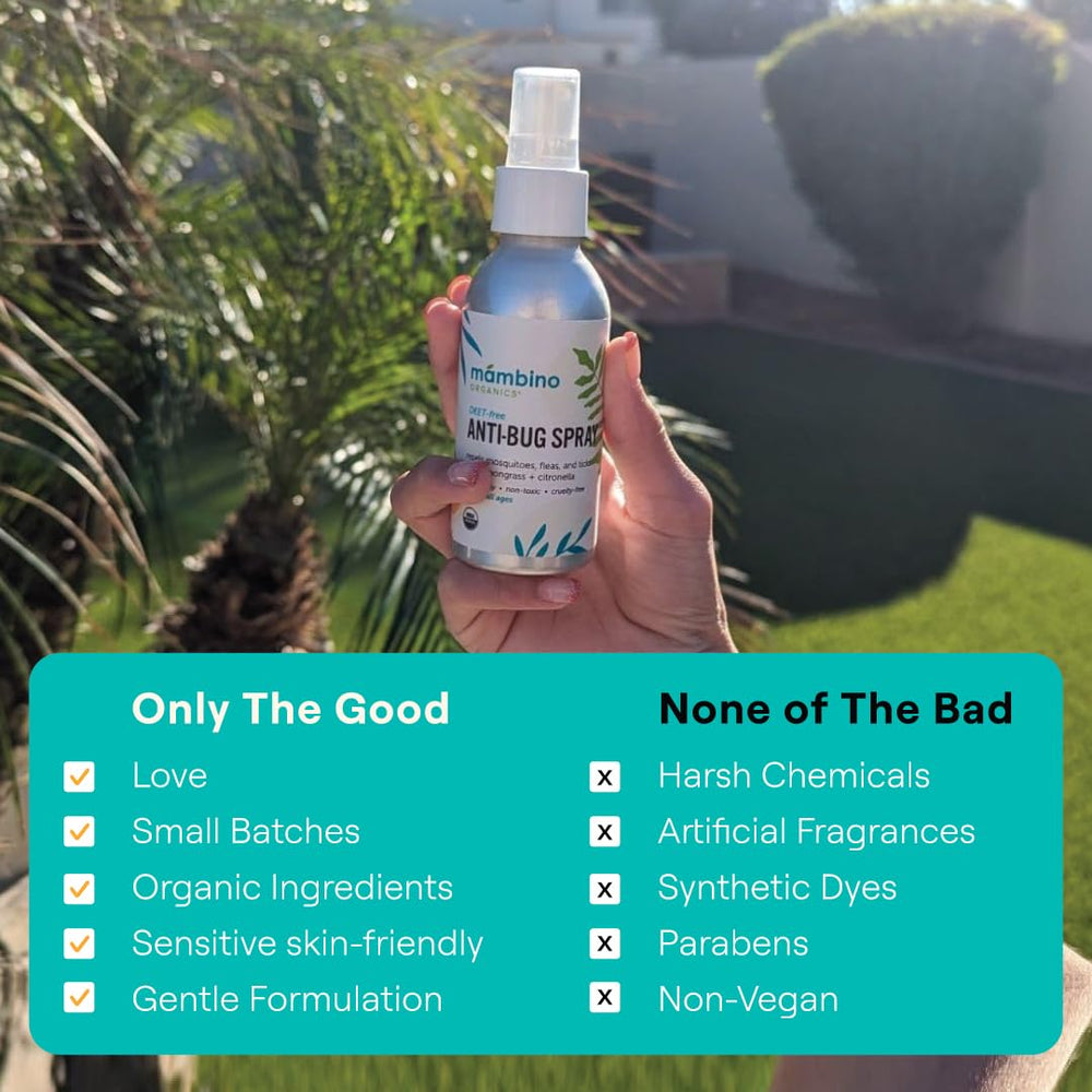Mambino Organics Anti-Bug Spray used by kids outdoors.