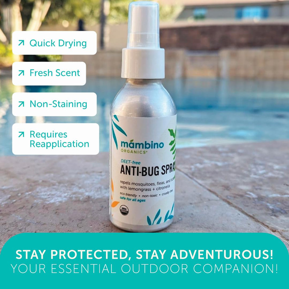 Mambino Organics Anti-Bug Spray being dispersed, quick-drying non-greasy feel.