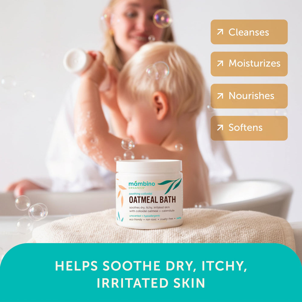 Mambino Organics oatmeal bath ingredients calendula chamomile highlight calming botanicals