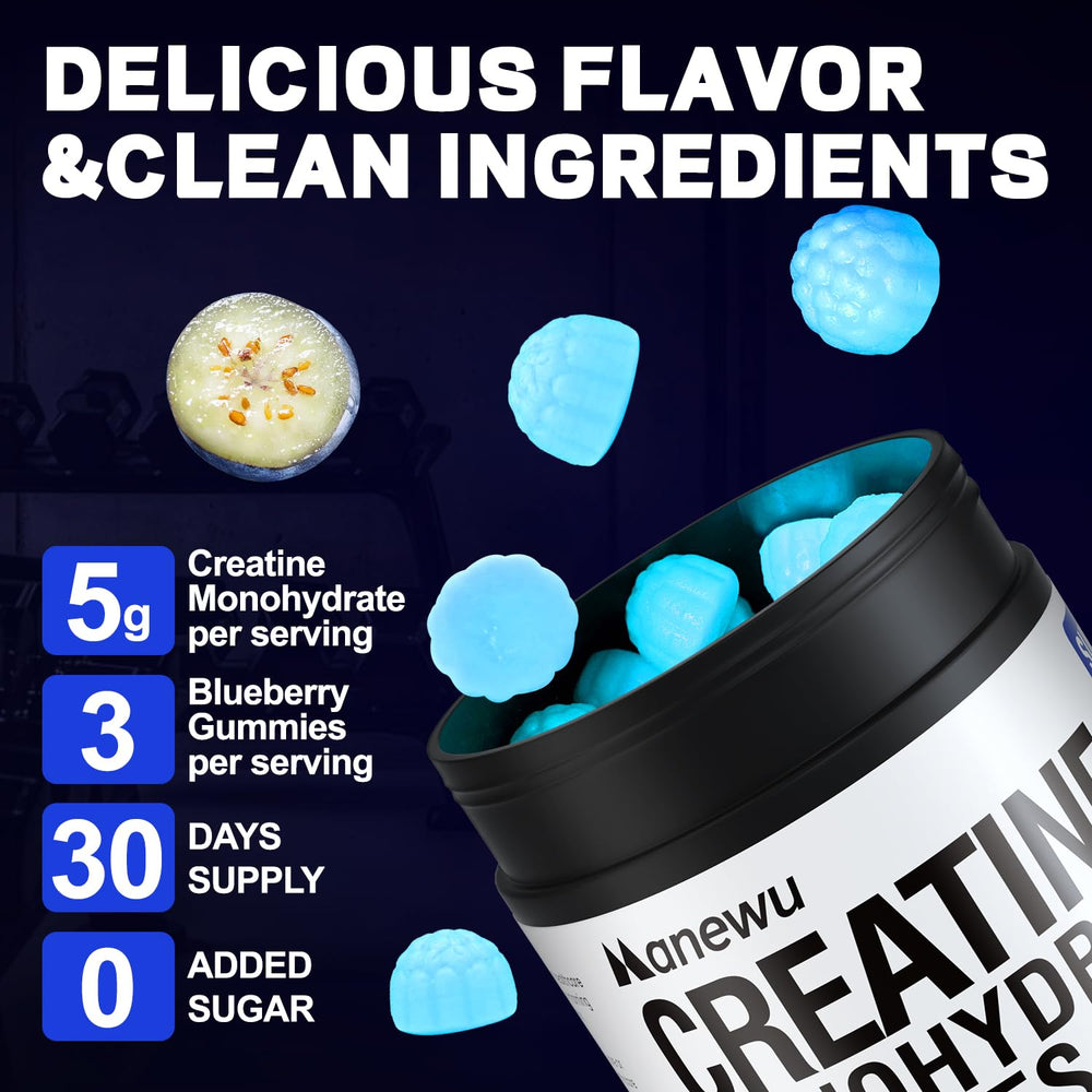 Manewu Creatine Monohydrate Gummies label closeup showing purity and clean ingredients
