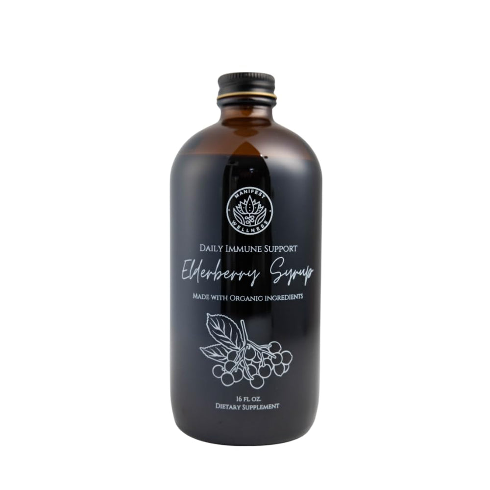 Manifest Wellness Elderberry Syrup bottle shown for daily immune support with natural sweetness.