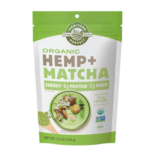Manitoba Harvest Hemp+Matcha powder in a bag, ideal for a protein-packed morning boost
