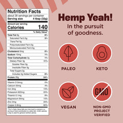 Manitoba Harvest Hemp Yeah Organic Max Protein bottle back; highlights certifications.