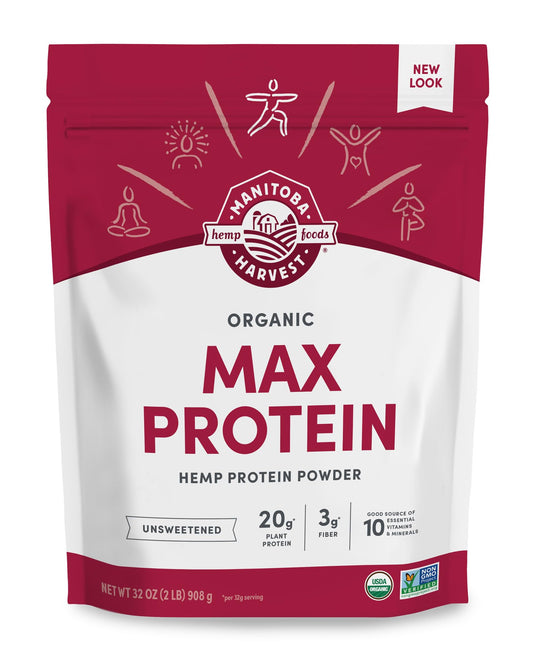 Manitoba Harvest Hemp Yeah Organic Max Protein bottle front; unsweetened protein for smoothies.