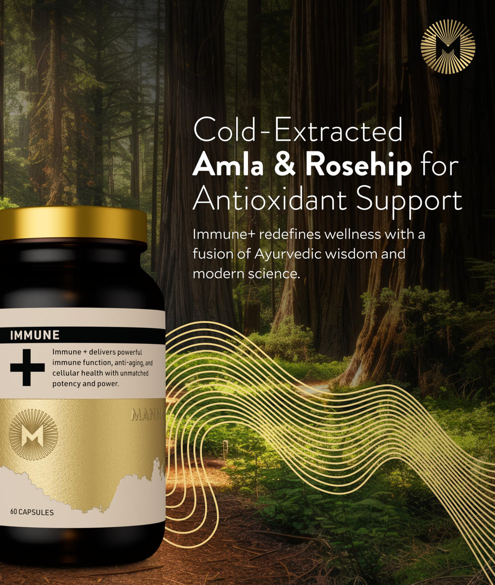 Manna Immune+ capsules closeup showing tablets and label for antioxidant-rich formula.