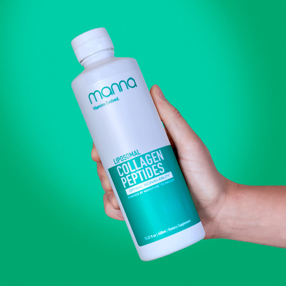 Manna Vitamins Evolved liposomal collagen bottle front highlighting skin hydration and glow potential