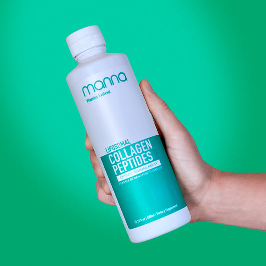 Manna Vitamins Evolved liposomal collagen bottle front highlighting skin hydration and glow potential