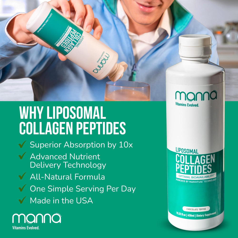 Manna liposomal collagen in glass emphasizes hydration and potential beauty benefits