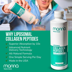 Manna liposomal collagen in glass emphasizes hydration and potential beauty benefits