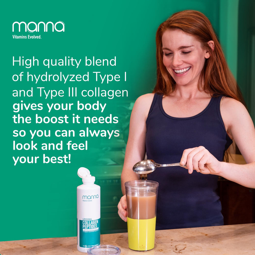 Manna liposomal collagen liquid poured into glass for convenient daily use