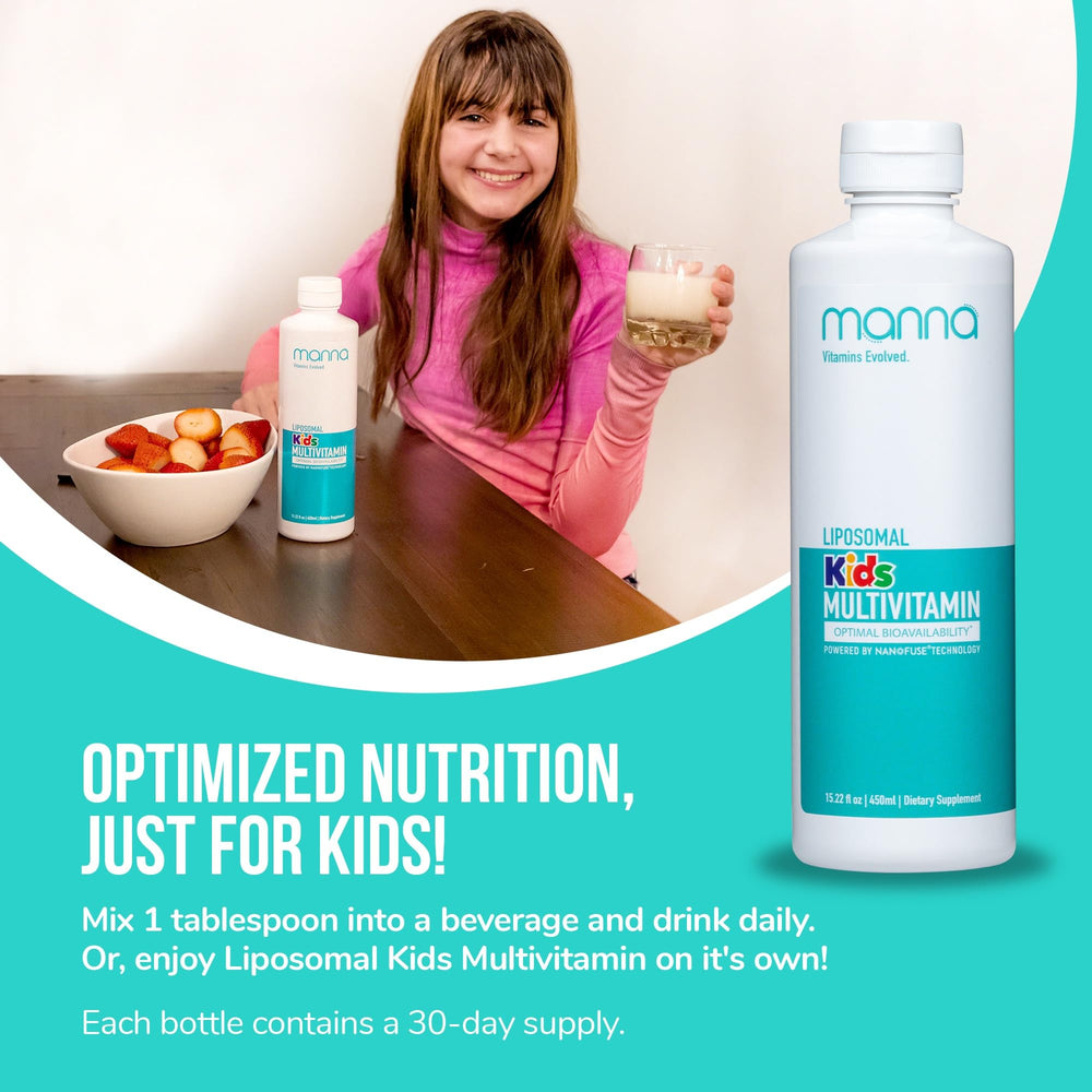 Manna Vitamins Evolved liposomal kids multivitamin dropper use for mess-free daily dose